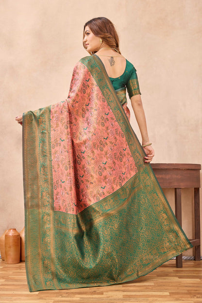 Divine International Trading Co Peach Green Soft Silk Blend Banarasi Jacuard Work Designer Party Wear Saree With Unstitched Blouse Piece