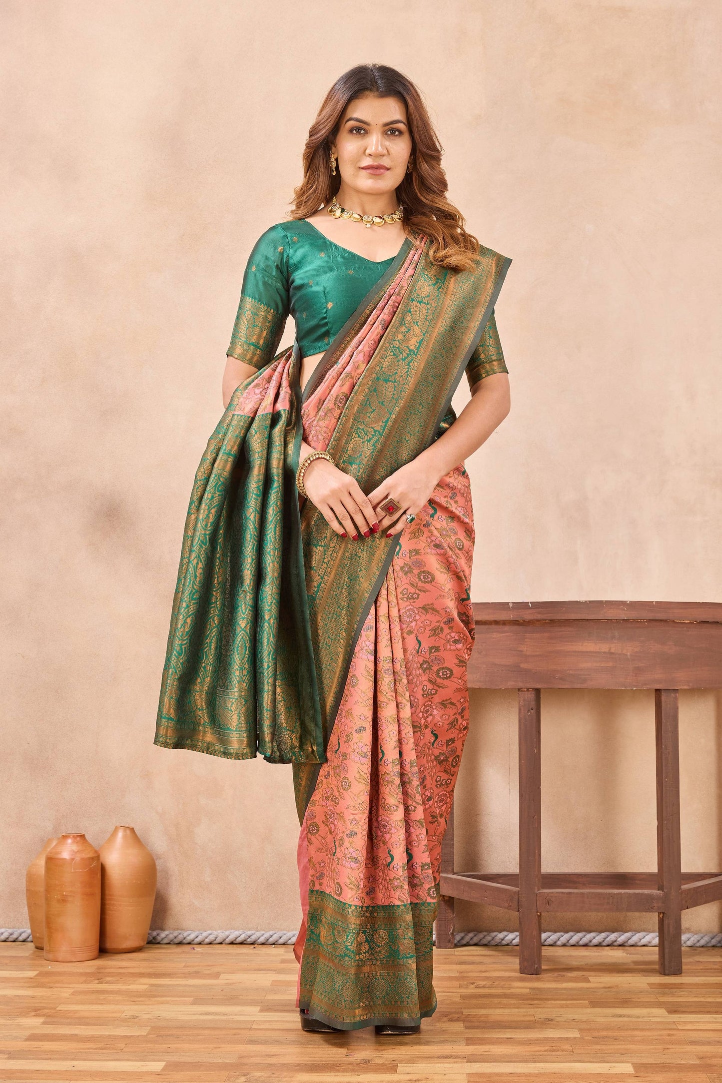 Divine International Trading Co Peach Green Soft Silk Blend Banarasi Jacuard Work Designer Party Wear Saree With Unstitched Blouse Piece
