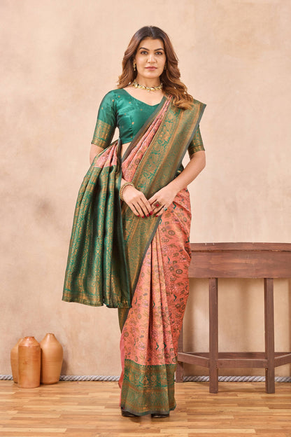 Divine International Trading Co Peach Green Soft Silk Blend Banarasi Jacuard Work Designer Party Wear Saree With Unstitched Blouse Piece