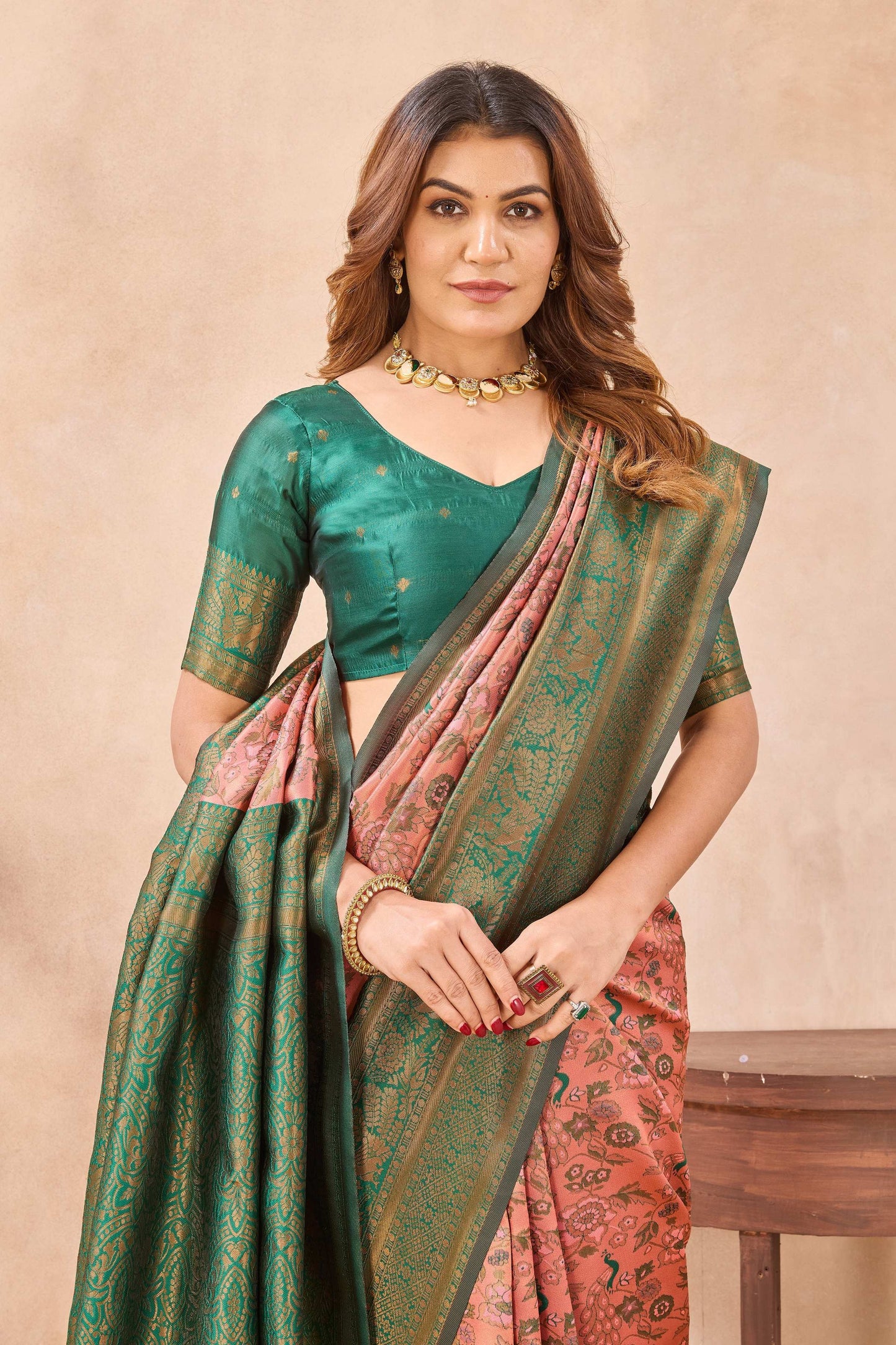 Divine International Trading Co Peach Green Soft Silk Blend Banarasi Jacuard Work Designer Party Wear Saree With Unstitched Blouse Piece