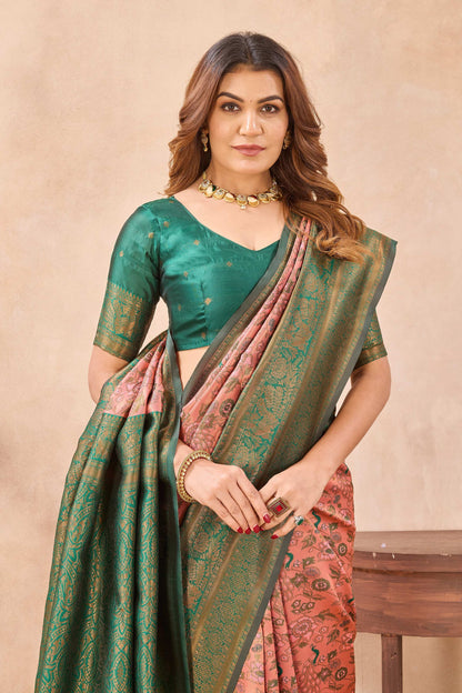 Divine International Trading Co Peach Green Soft Silk Blend Banarasi Jacuard Work Designer Party Wear Saree With Unstitched Blouse Piece