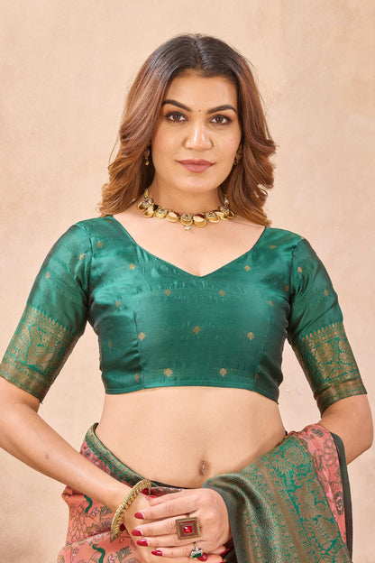 Divine International Trading Co Peach Green Soft Silk Blend Banarasi Jacuard Work Designer Party Wear Saree With Unstitched Blouse Piece
