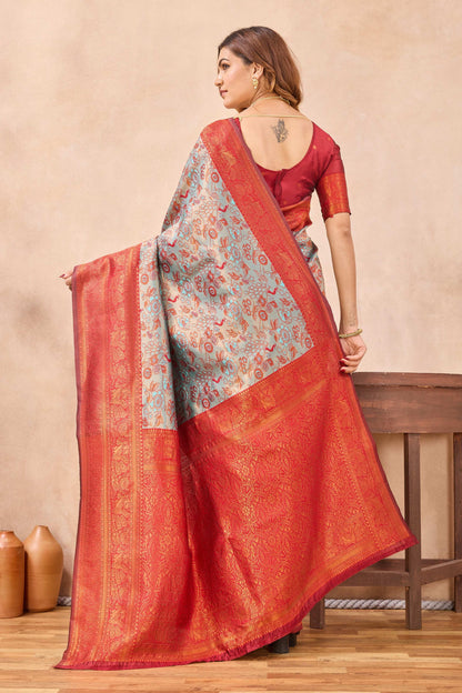 Divine International Trading Co Turquoise Red Soft Silk Blend Banarasi Jacuard Work Designer Party Wear Saree With Unstitched Blouse Piece