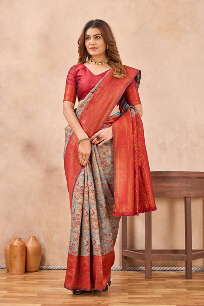 Divine International Trading Co Turquoise Red Soft Silk Blend Banarasi Jacuard Work Designer Party Wear Saree With Unstitched Blouse Piece