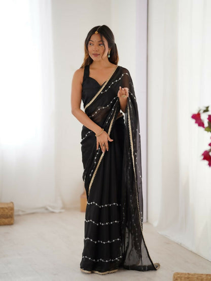 Black Sitara Chiffon Designer Beads Moti,Val Sequence Work Saree - Noorie