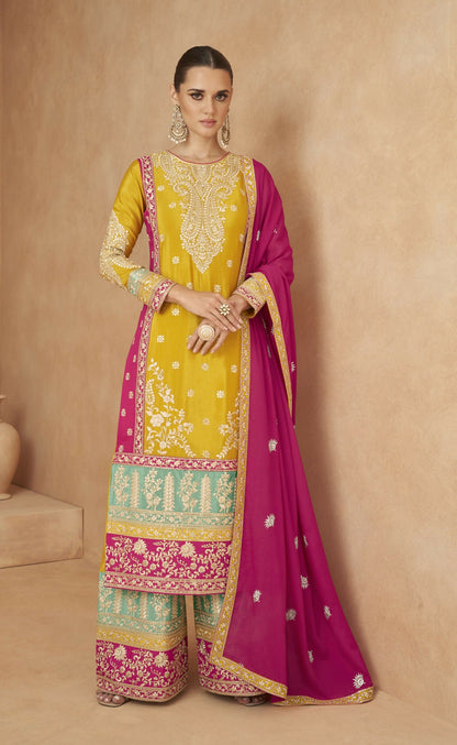 Anaita Yellow Chiffon Suit with Embroidery Coding Sequence Work