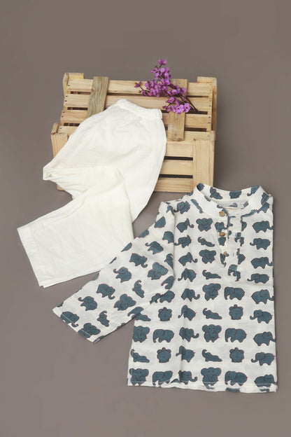 Breathables Kids Cotton Night Suit – White Elephant Print Kurta & Pyjama Co-Ord Set For Boys & Girls