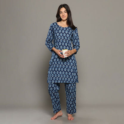 Breathables Blue Women Cotton Printed Loungewear Kurta And Pants Co-Ord Set I Night Wear | Butta Print