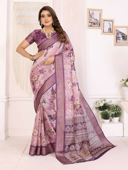 Joban Fashion Purple Floral Print pattern Banarasi Silk Sarees