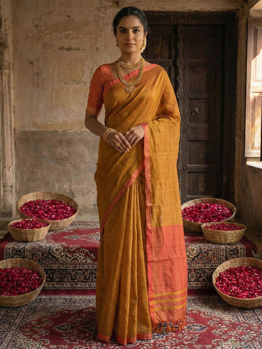 Anaita Mustard Cotton Printed Saree With Blouse