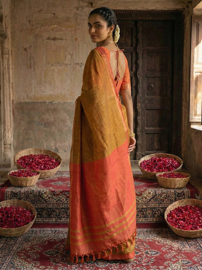 Anaita Mustard Cotton Printed Saree With Blouse