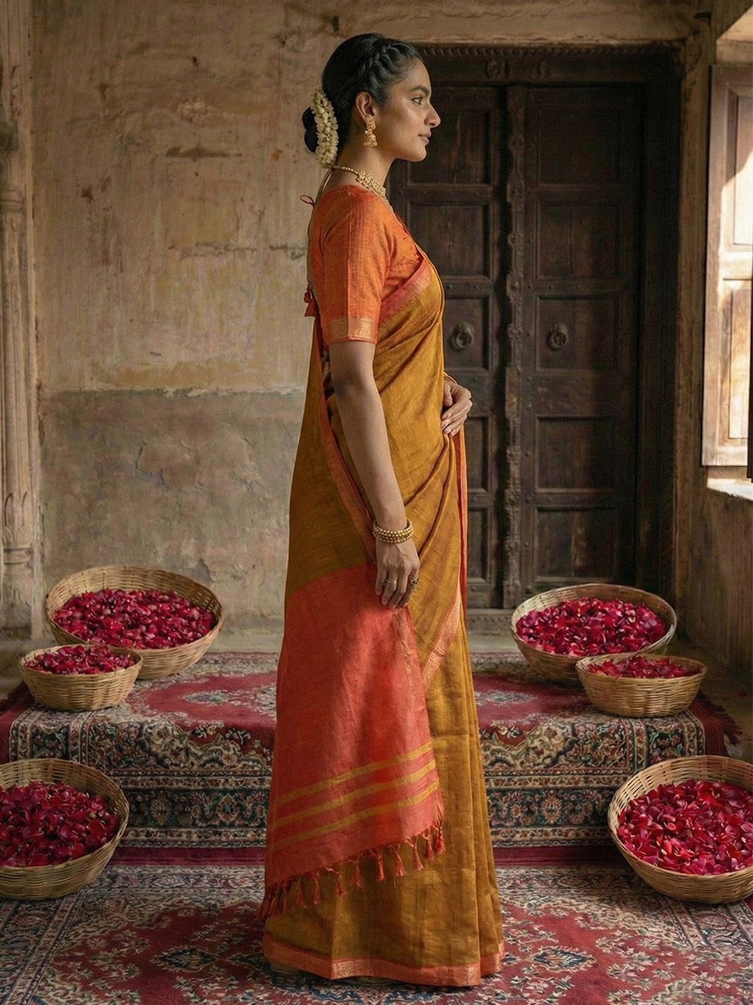 Anaita Mustard Cotton Printed Saree With Blouse