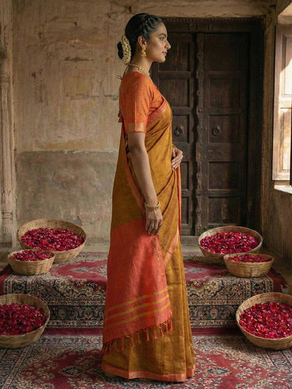 Anaita Mustard Cotton Printed Saree With Blouse