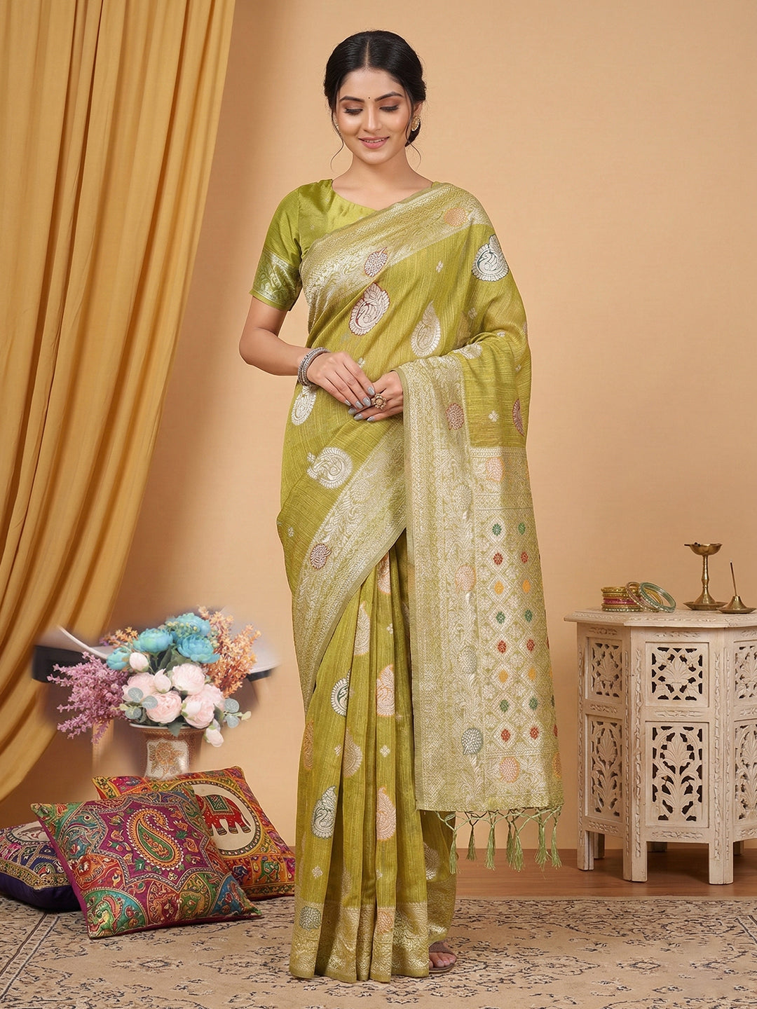 Anaita Mustard Linen Woven Work Saree With Blouse