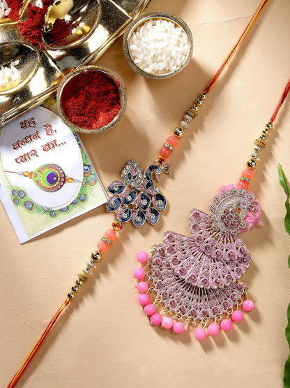 NVR Women & Men Set of 2 Multicolor Peacock Design Stone-Studded & Beaded Bhaiya Bhabhi Rakhi With Roli Chawal