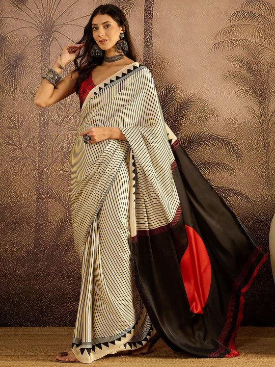 Sangria Striped Printed Saree with Unstitched Blouse
