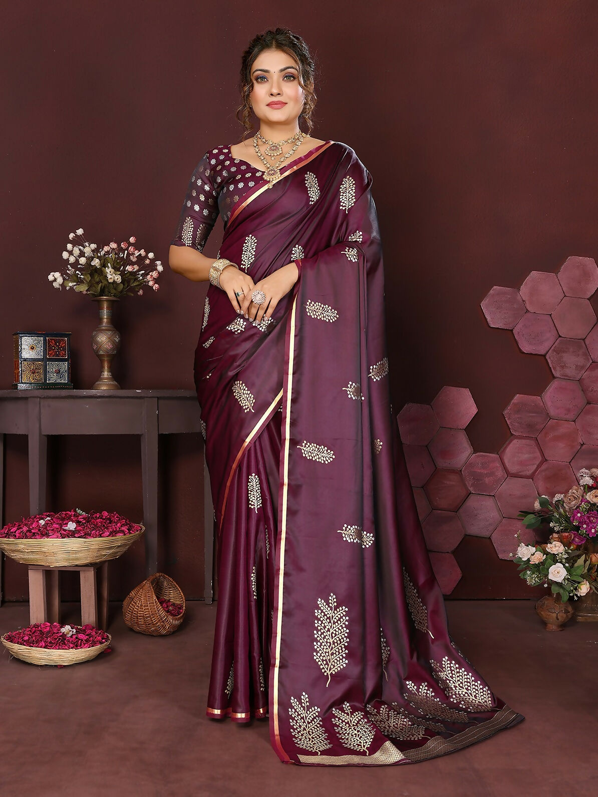 Joban Fashion Wine Floral Motifs Banarasi Silk Sarees