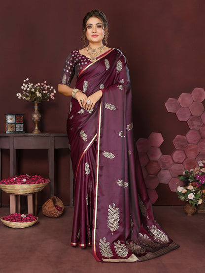 Joban Fashion Wine Floral Motifs Banarasi Silk Sarees
