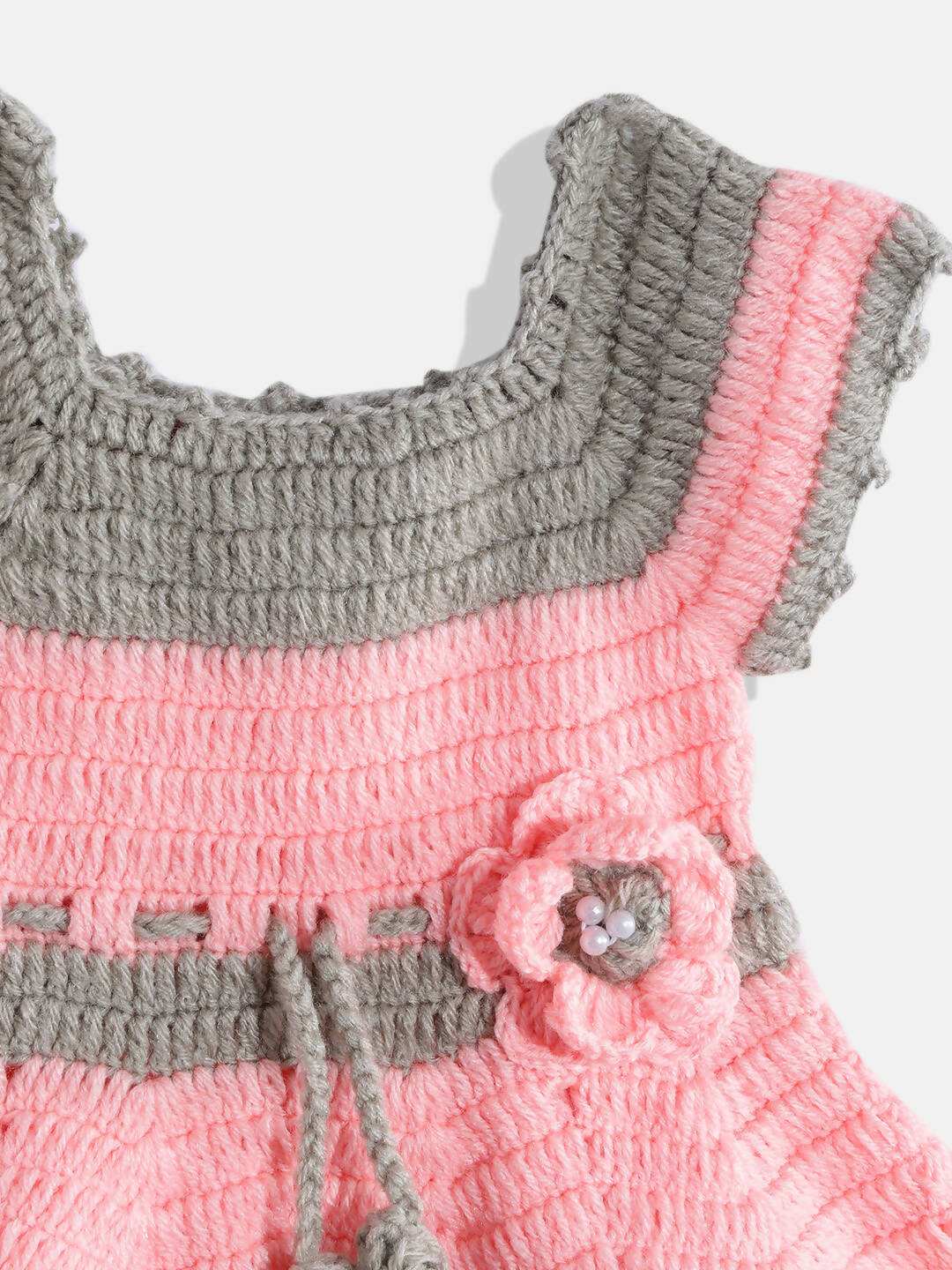 Chutput Kids Woollen Hand Knitted Short Sleeves Flower Detail Dress For Baby Girls - Pink