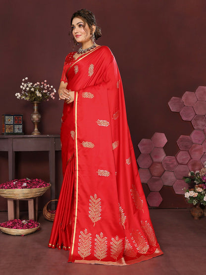 Joban Fashion Red Floral Motifs Banarasi Silk Sarees