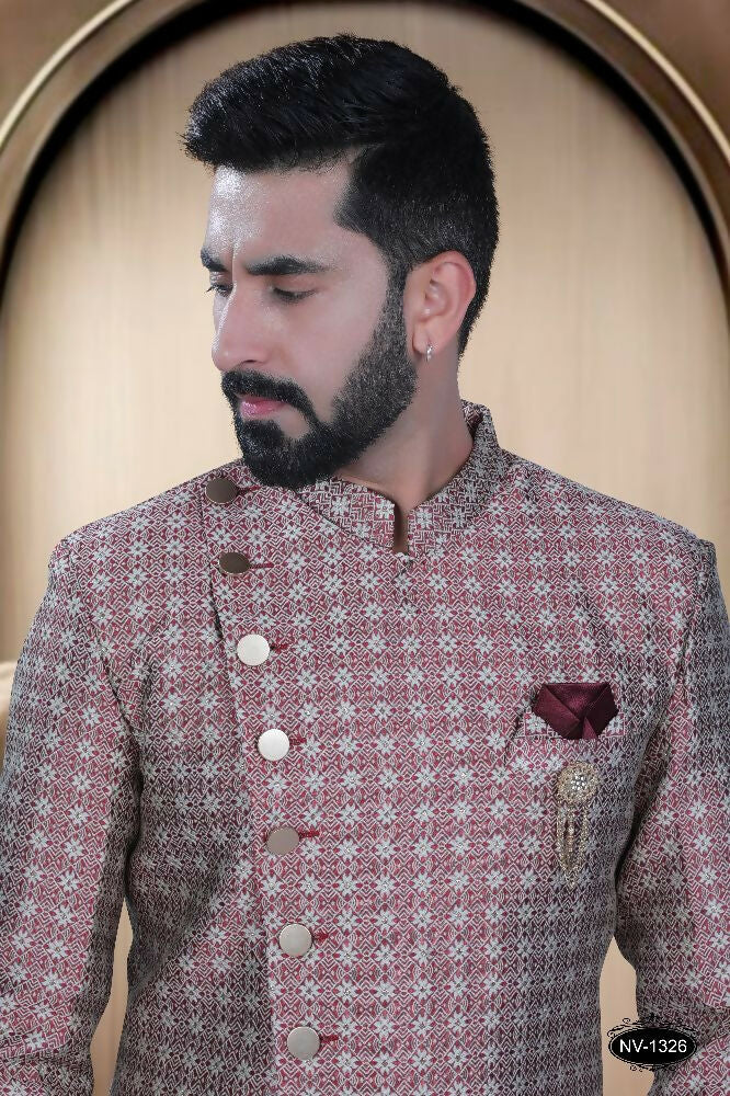 Joban Fashion Men's Red Base Brocade Kurta with Pyjama