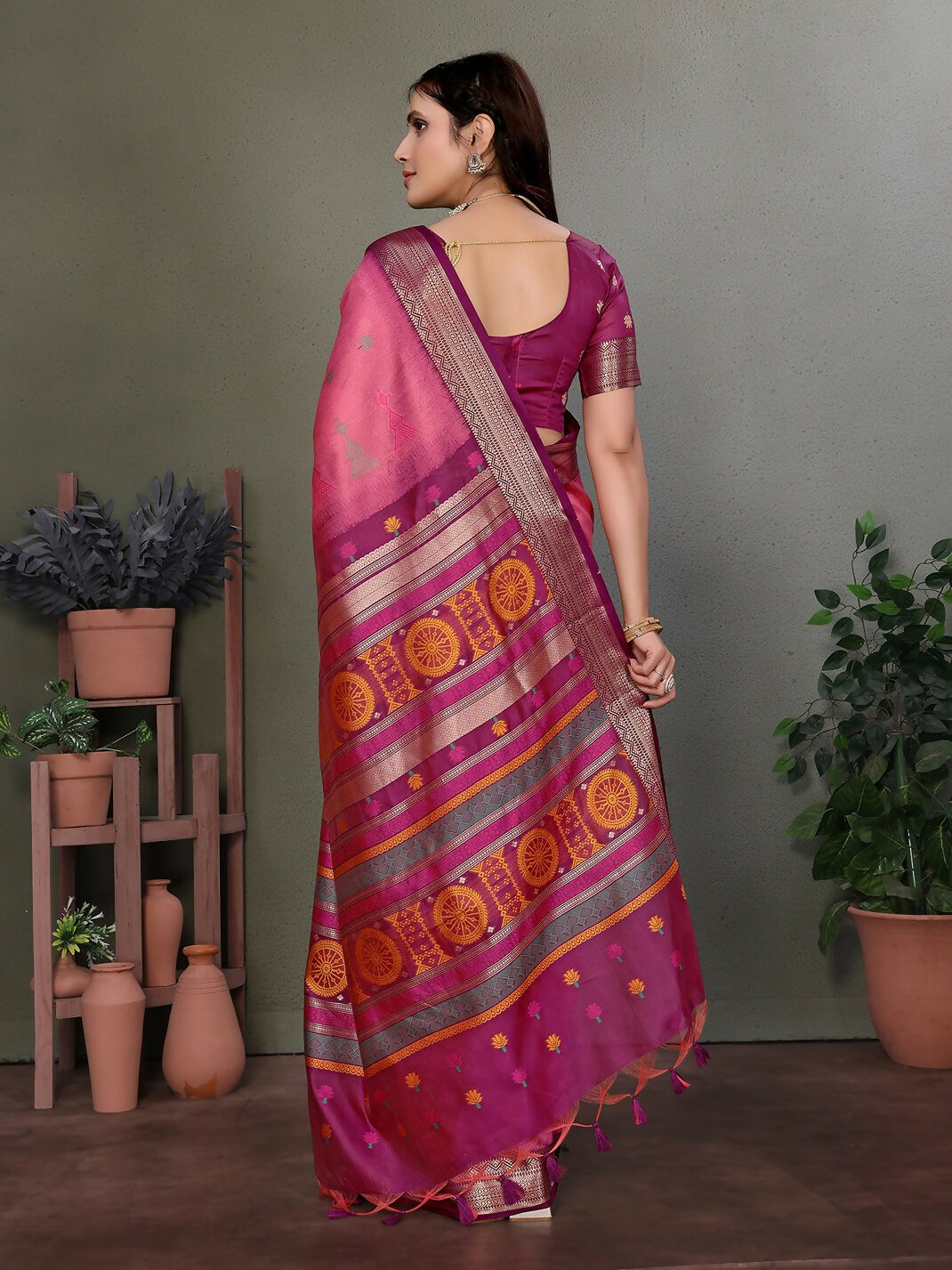 Joban Fashion Pink Floral Banarasi Silk Sarees