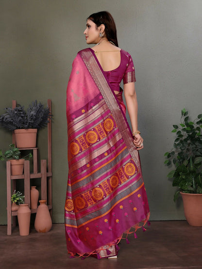 Joban Fashion Pink Floral Banarasi Silk Sarees