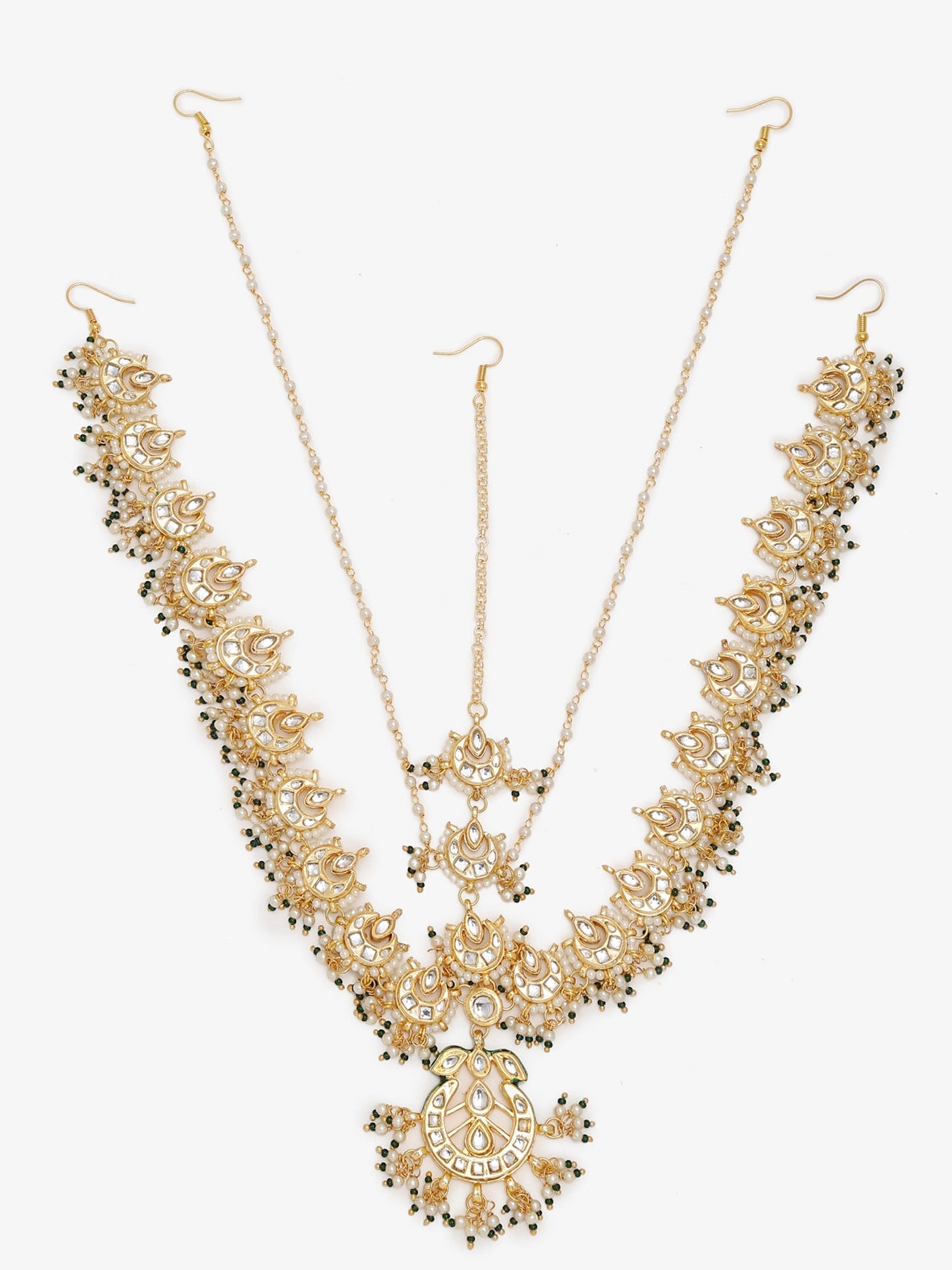 Gold-Polished White Kundan-Studded Beaded Maharani Matha Patti - Ruby Raang