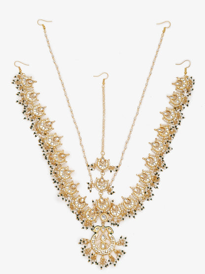Gold-Polished White Kundan-Studded Beaded Maharani Matha Patti - Ruby Raang