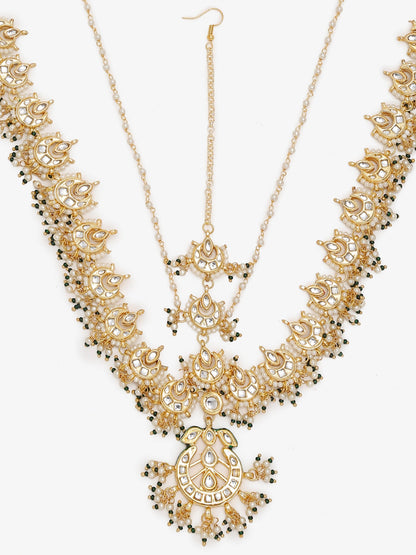 Gold-Polished White Kundan-Studded Beaded Maharani Matha Patti - Ruby Raang
