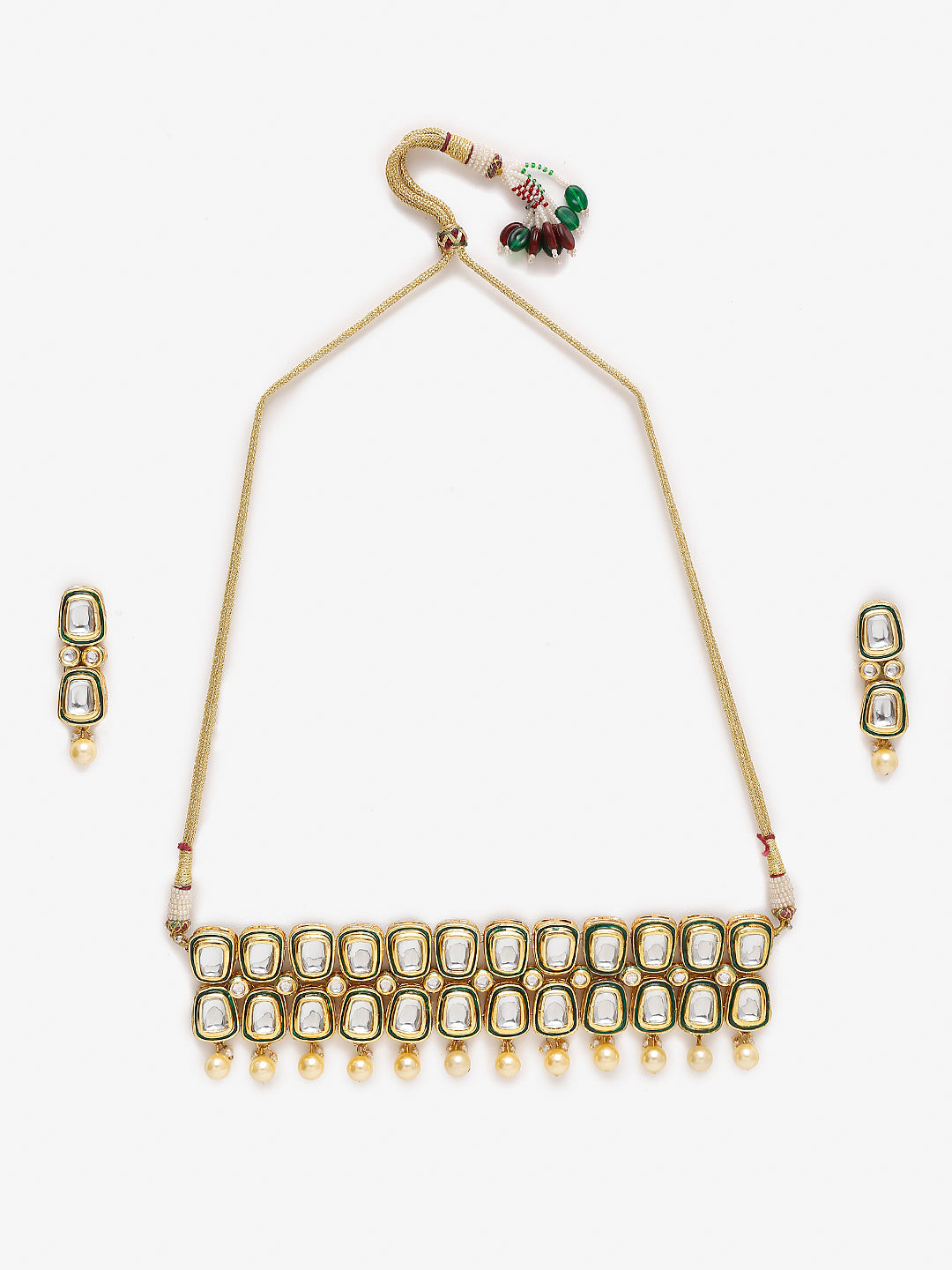 White Gold Toned Meenakari Kundan Choker With Earrings - Ruby Raang