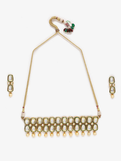White Gold Toned Meenakari Kundan Choker With Earrings - Ruby Raang