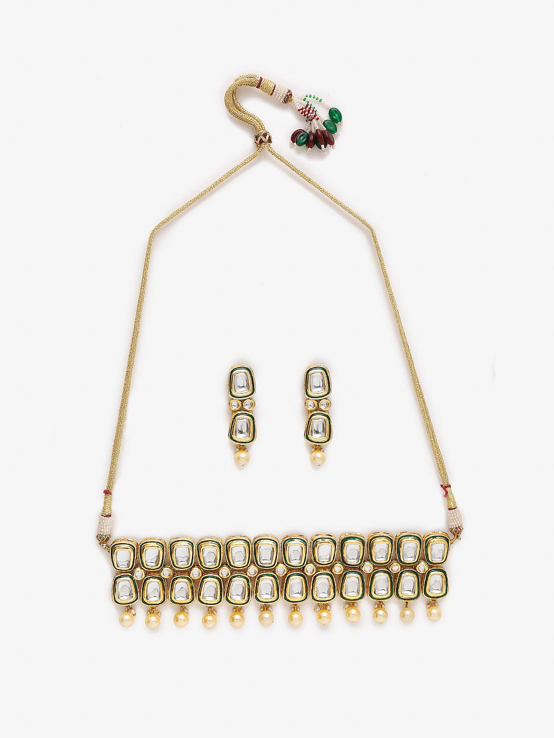 White Gold Toned Meenakari Kundan Choker With Earrings - Ruby Raang