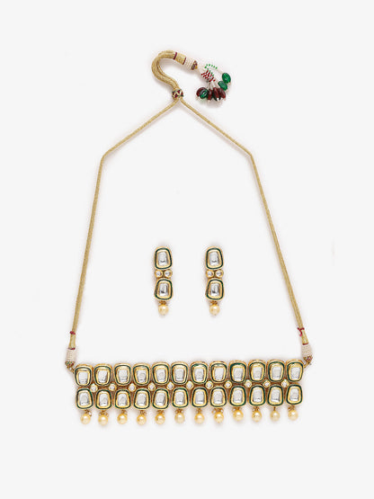White Gold Toned Meenakari Kundan Choker With Earrings - Ruby Raang