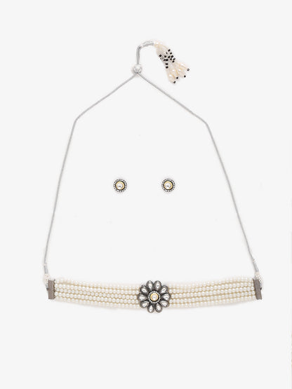 Silver-Plated Kundan Pearl Choker With Studs - Ruby Raang