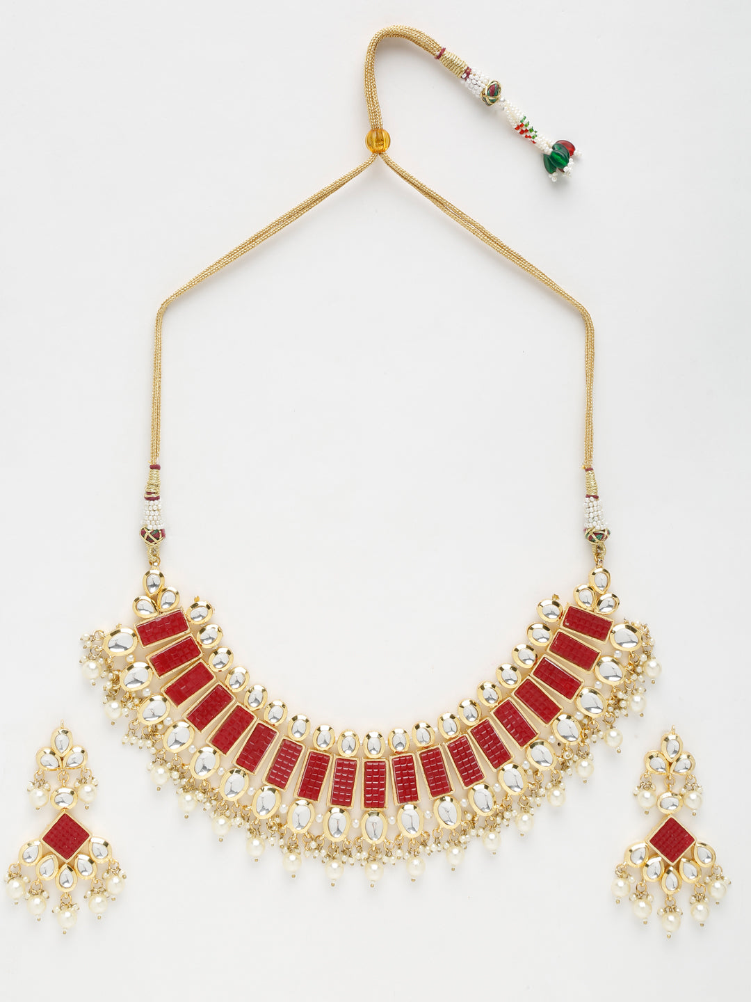 Long Kundan Neckpiece With Earrings - Ruby Raang