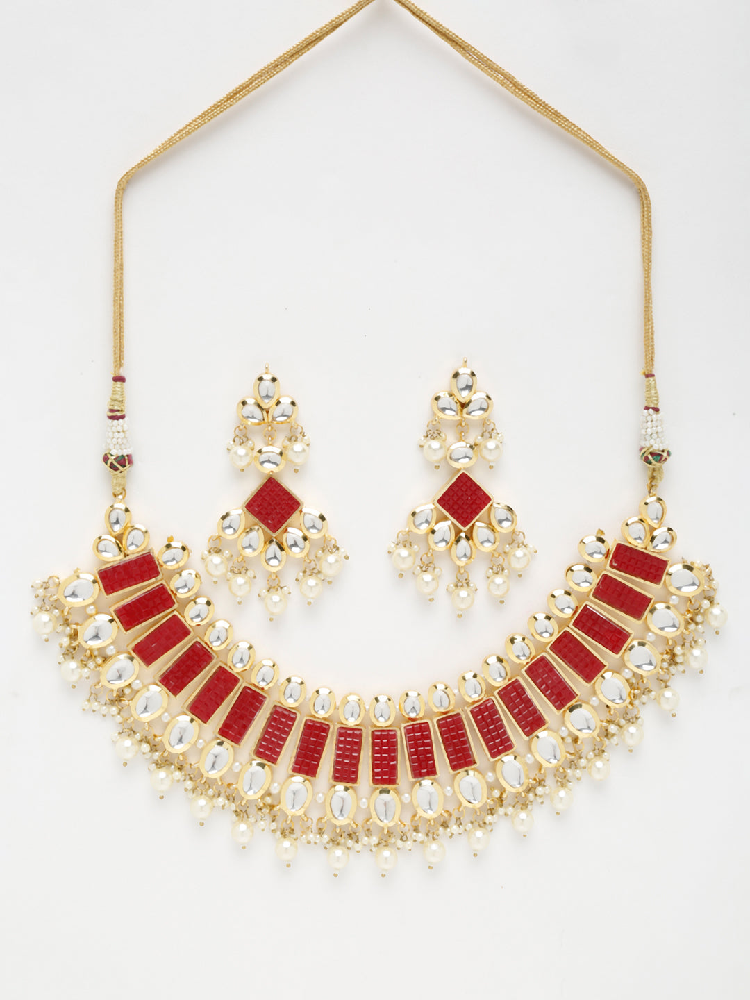Long Kundan Neckpiece With Earrings - Ruby Raang