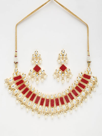 Long Kundan Neckpiece With Earrings - Ruby Raang