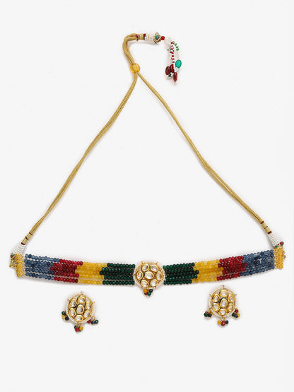 Multicoloured Kundan-Studded Beaded Choker Jewellery Set - Ruby Raang