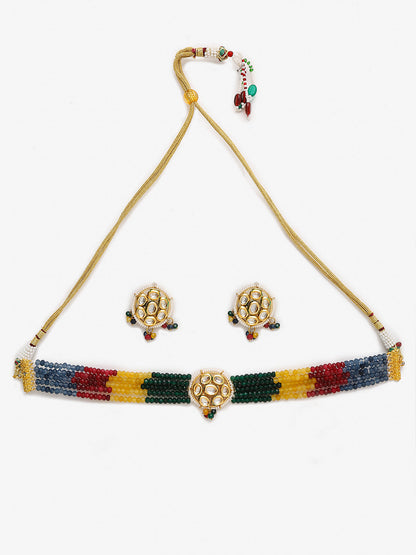 Multicoloured Kundan-Studded Beaded Choker Jewellery Set - Ruby Raang