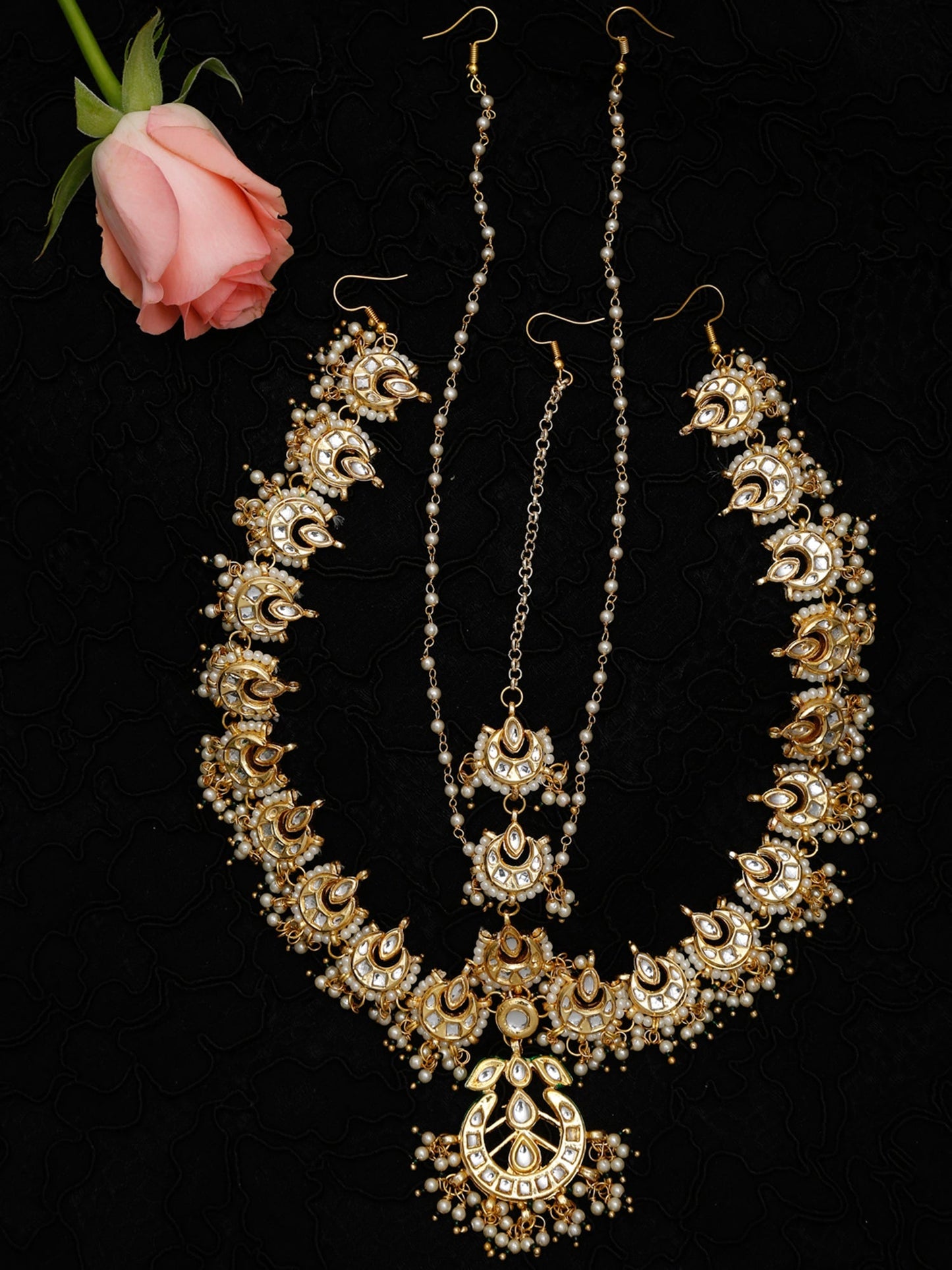 Gold-Polished White Kundan-Studded Beaded Maharani Matha Patti - Ruby Raang
