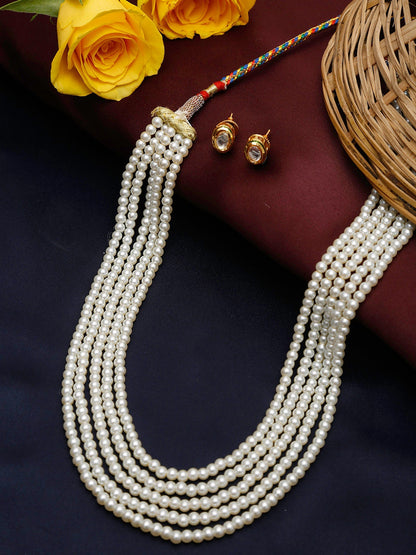 Women's White Gold-Toned Plated Kundan Layered Necklace Set - Ruby Raang