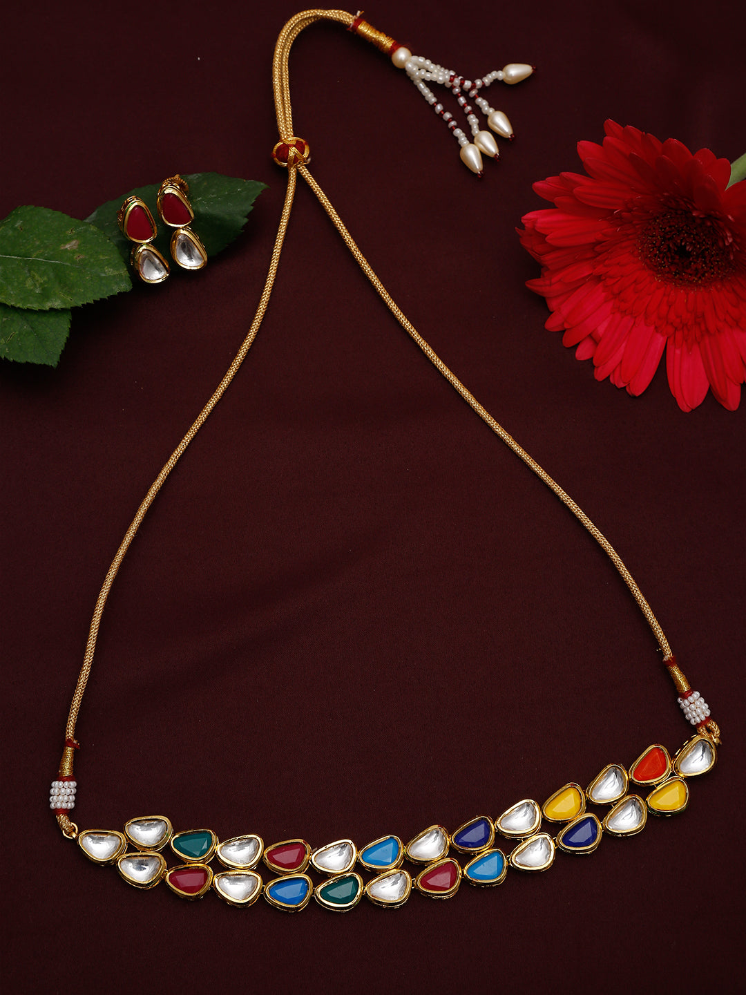 Multioloured Kundan Studded Choker Jewellery Set - Ruby Raang