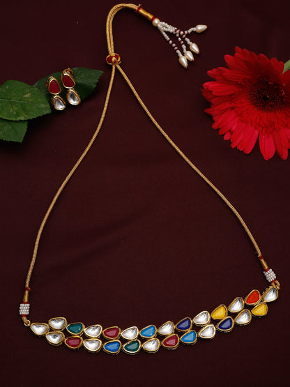 Multioloured Kundan Studded Choker Jewellery Set - Ruby Raang