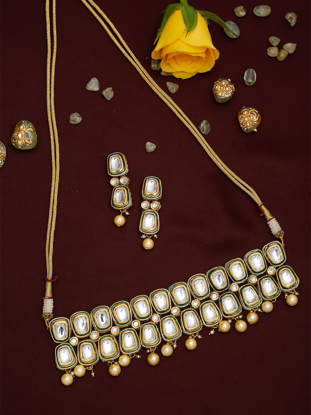 White Gold Toned Meenakari Kundan Choker With Earrings - Ruby Raang