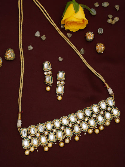 White Gold Toned Meenakari Kundan Choker With Earrings - Ruby Raang