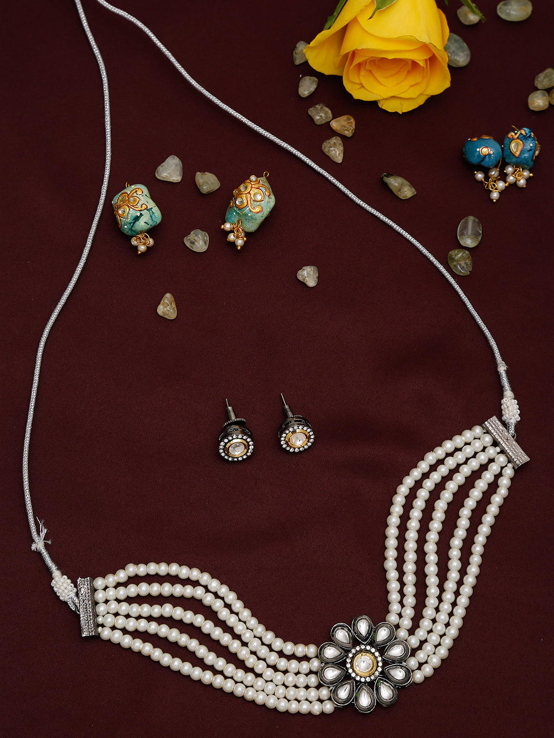 Silver-Plated Kundan Pearl Choker With Studs - Ruby Raang