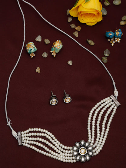 Silver-Plated Kundan Pearl Choker With Studs - Ruby Raang