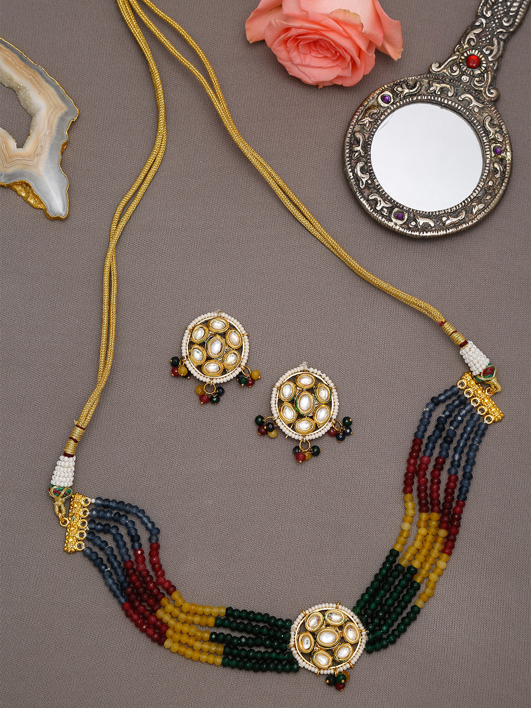 Multicoloured Kundan-Studded Beaded Choker Jewellery Set - Ruby Raang