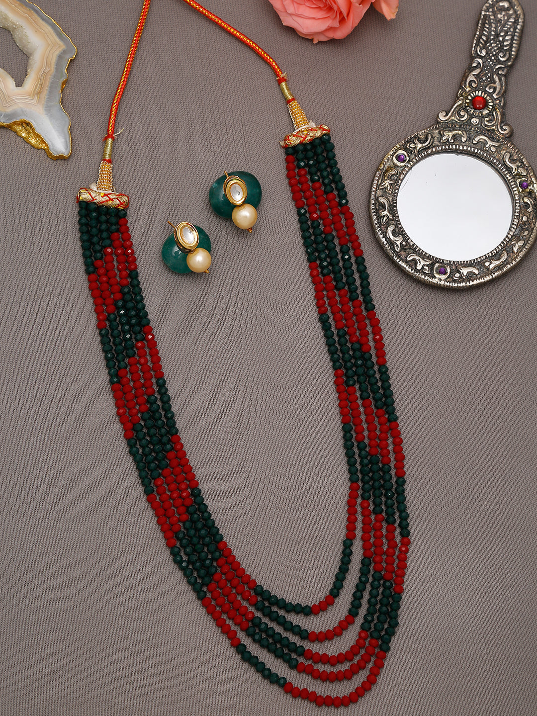 Red Black Multi Layered Onyx Neckpiece With Kundan Studs - Ruby Raang